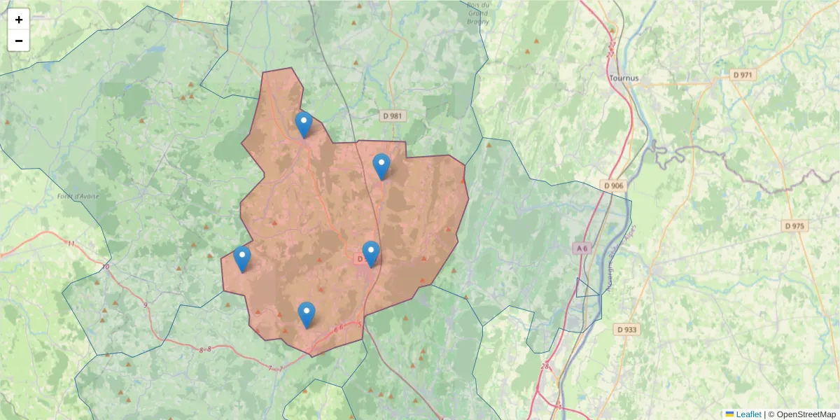 Carte de la zone du code postal  et des codes postaux voisins en France