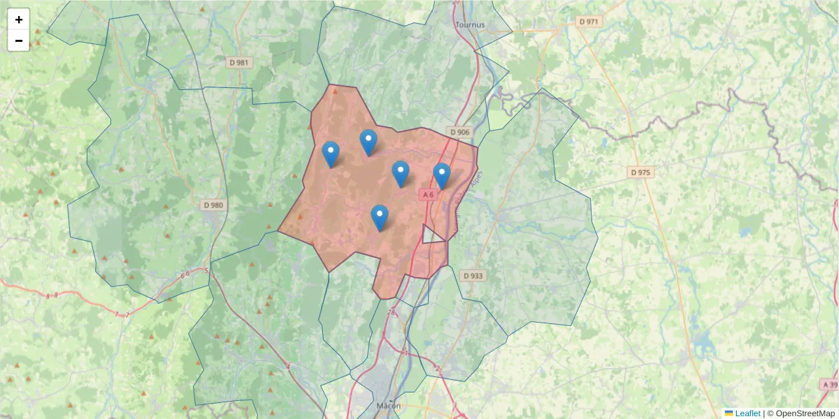Carte de la zone du code postal  et des codes postaux voisins en France