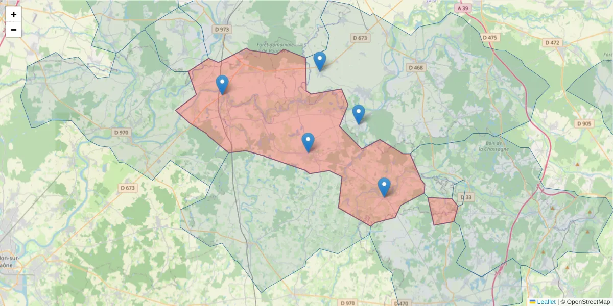 Carte de la zone du code postal  et des codes postaux voisins en France