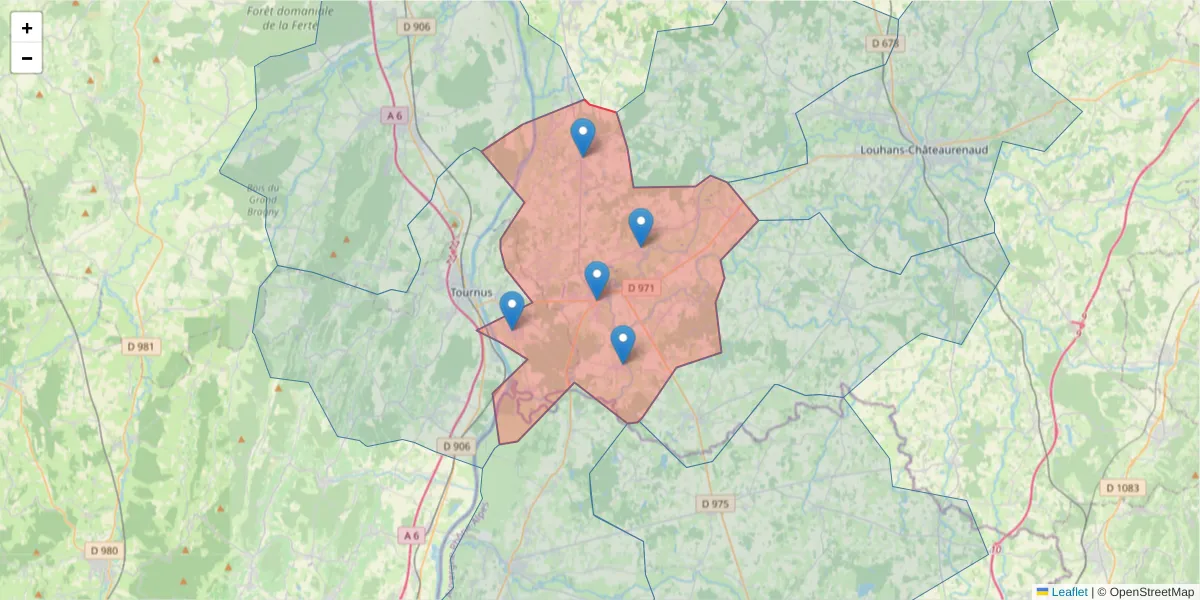 Carte de la zone du code postal  et des codes postaux voisins en France