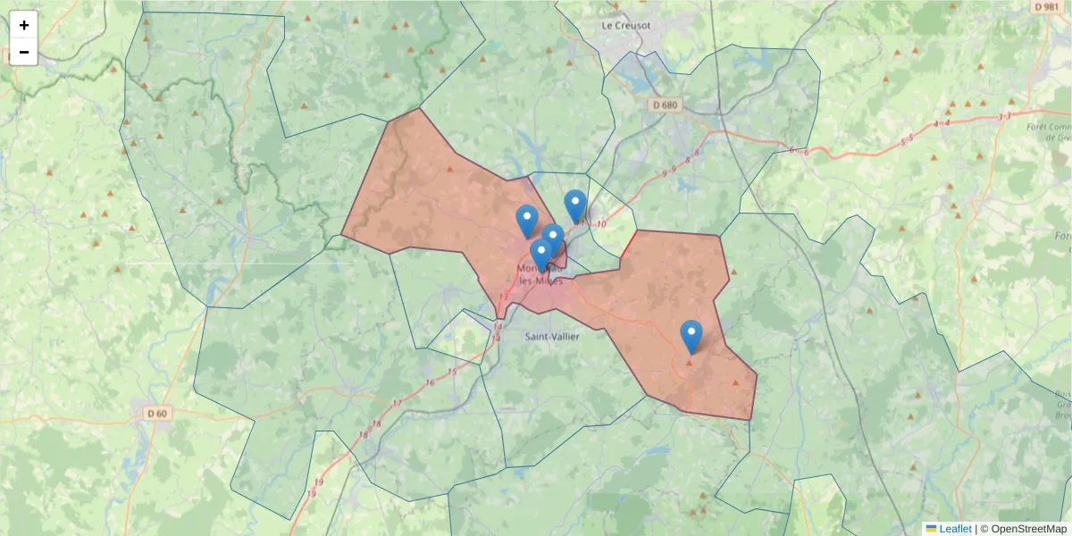 Carte de la zone du code postal  et des codes postaux voisins en France