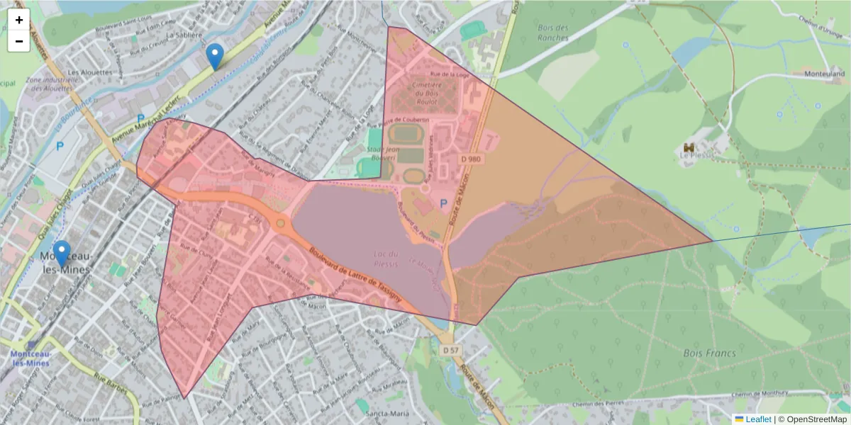 Carte de la zone du code postal  et des codes postaux voisins en France
