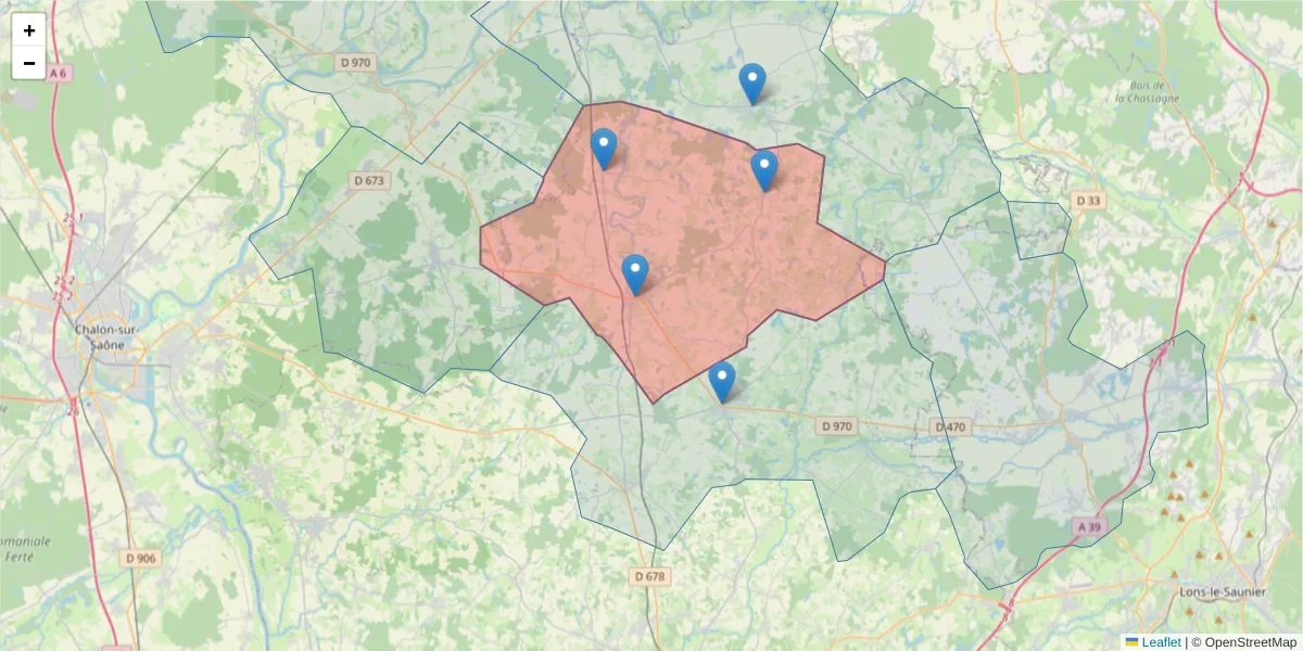 Carte de la zone du code postal  et des codes postaux voisins en France
