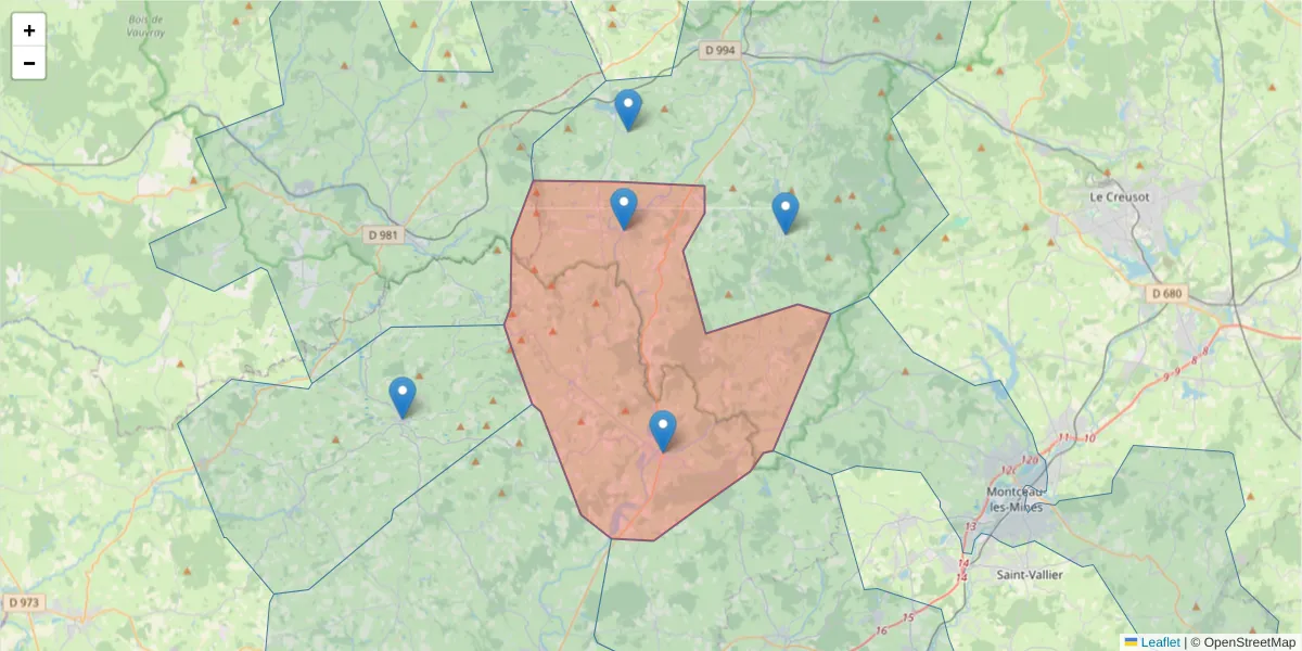 Carte de la zone du code postal  et des codes postaux voisins en France