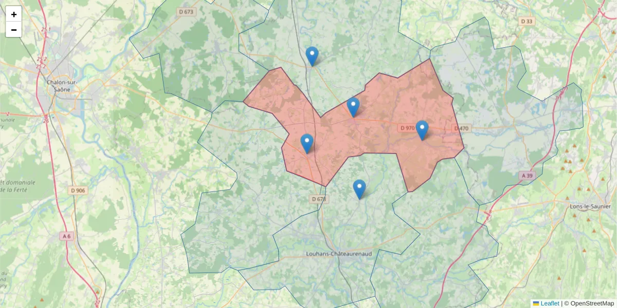 Carte de la zone du code postal  et des codes postaux voisins en France