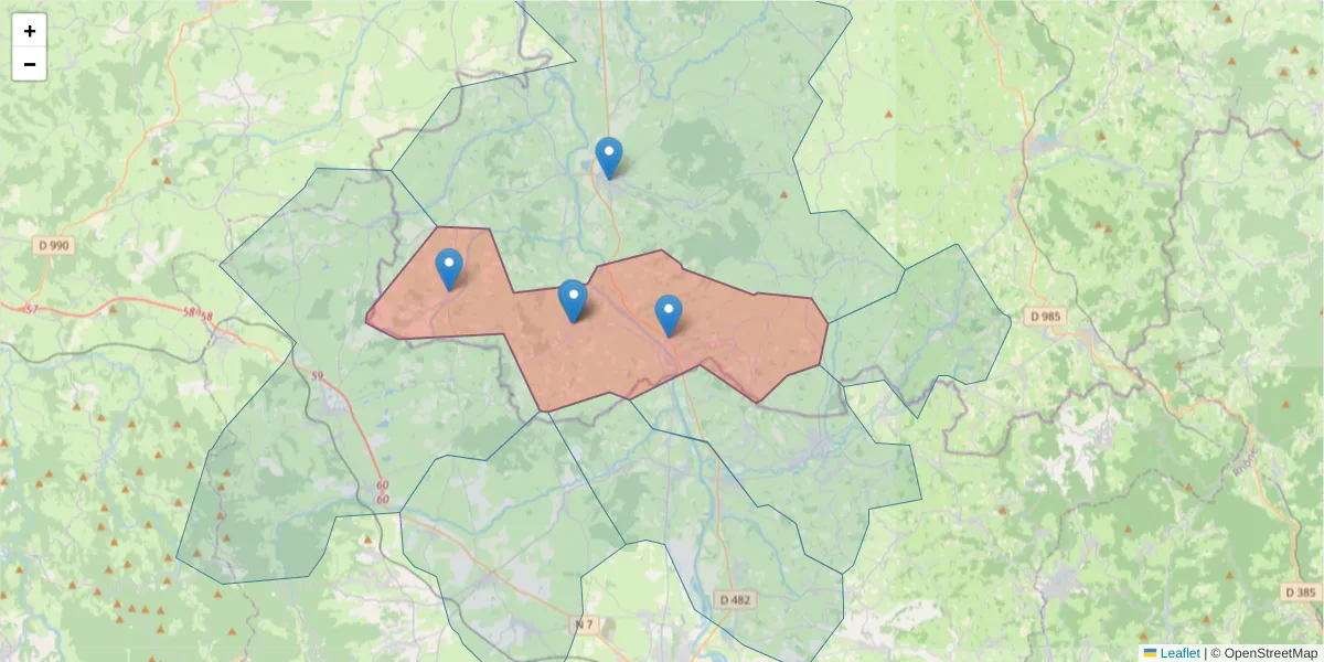 Carte de la zone du code postal  et des codes postaux voisins en France