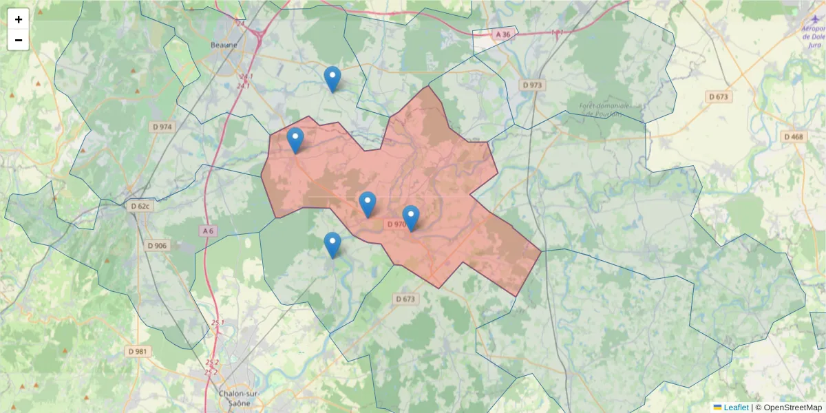 Carte de la zone du code postal  et des codes postaux voisins en France