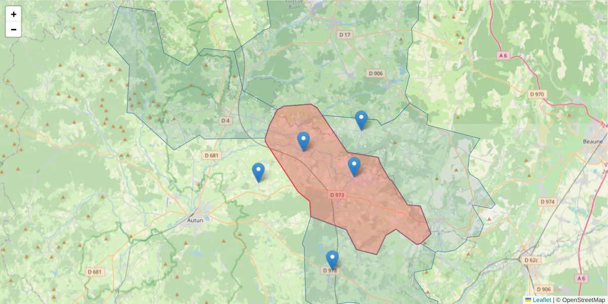 Carte de la zone du code postal  et des codes postaux voisins en France