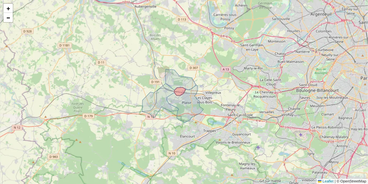 Carte de la zone du code postal  et des codes postaux voisins en France
