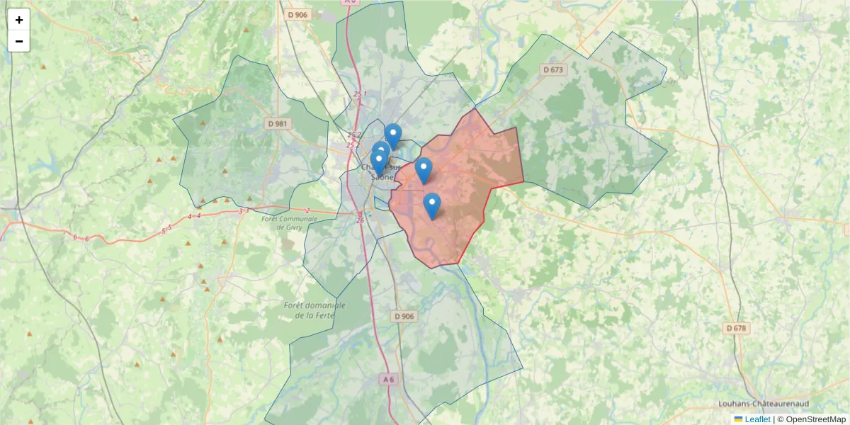 Carte de la zone du code postal  et des codes postaux voisins en France