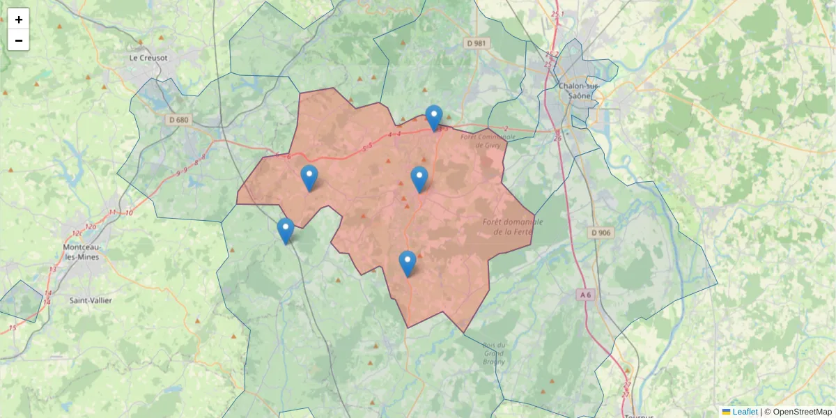 Carte de la zone du code postal  et des codes postaux voisins en France