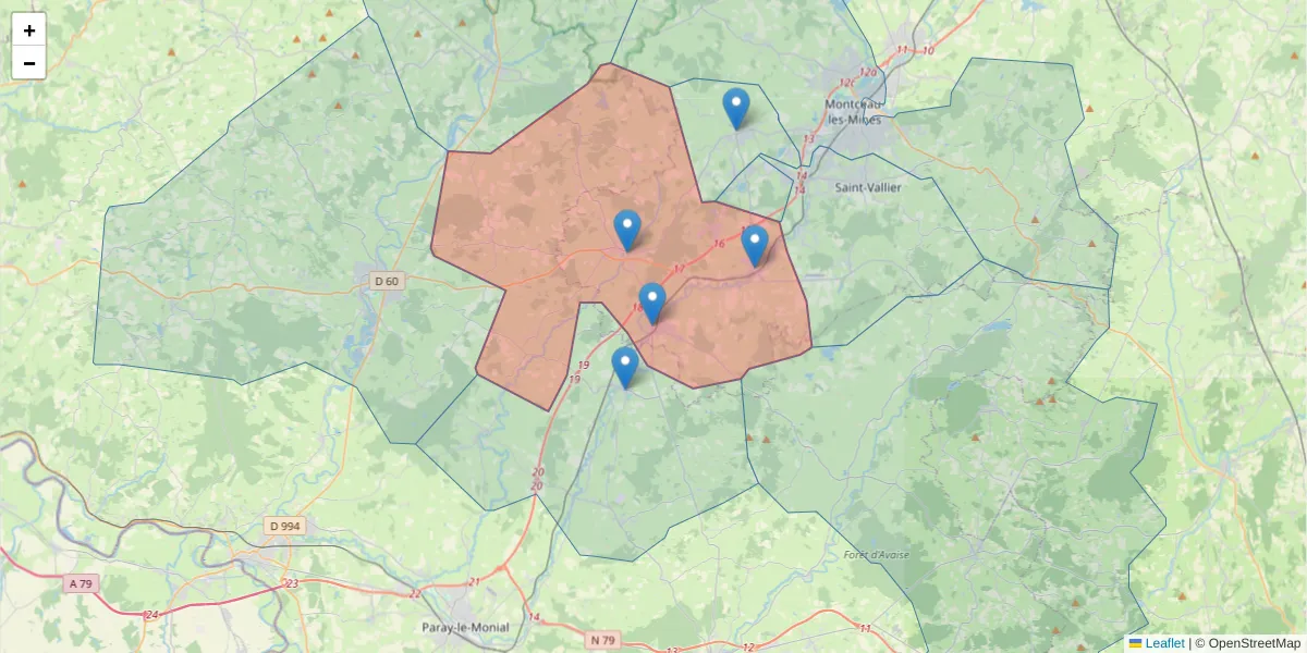 Carte de la zone du code postal  et des codes postaux voisins en France