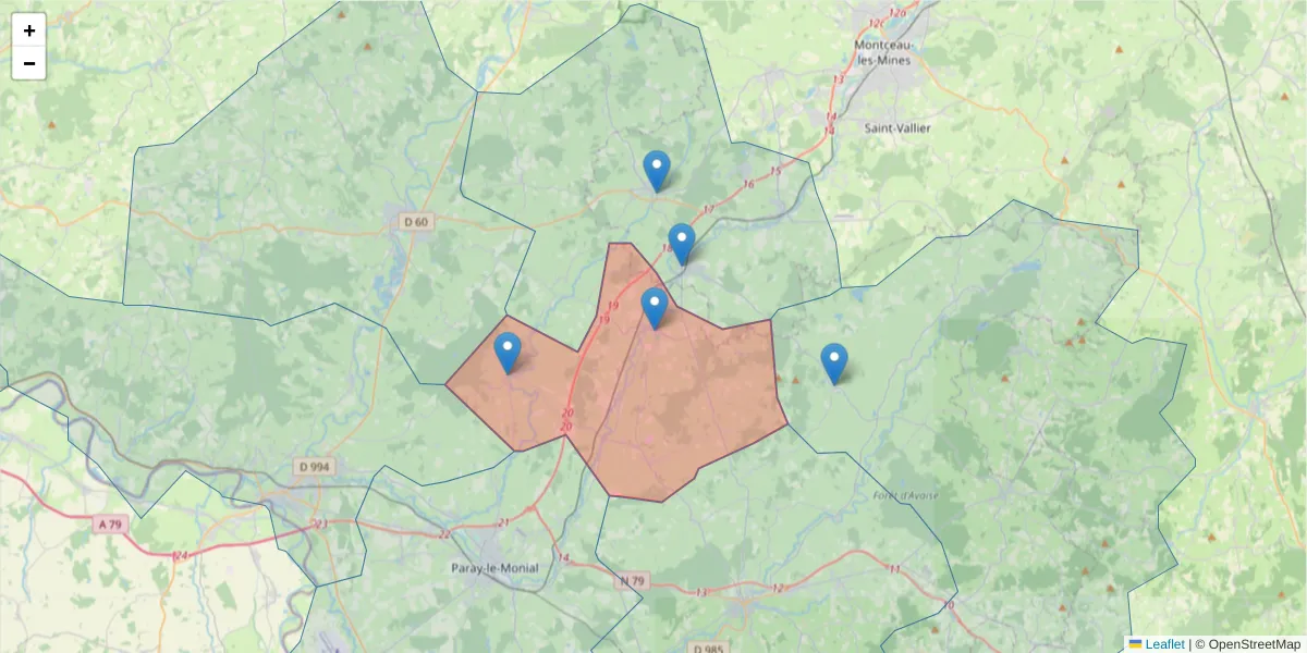 Carte de la zone du code postal  et des codes postaux voisins en France