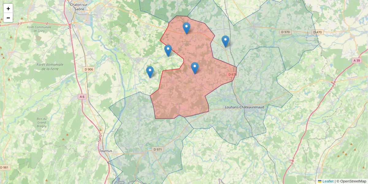 Carte de la zone du code postal  et des codes postaux voisins en France