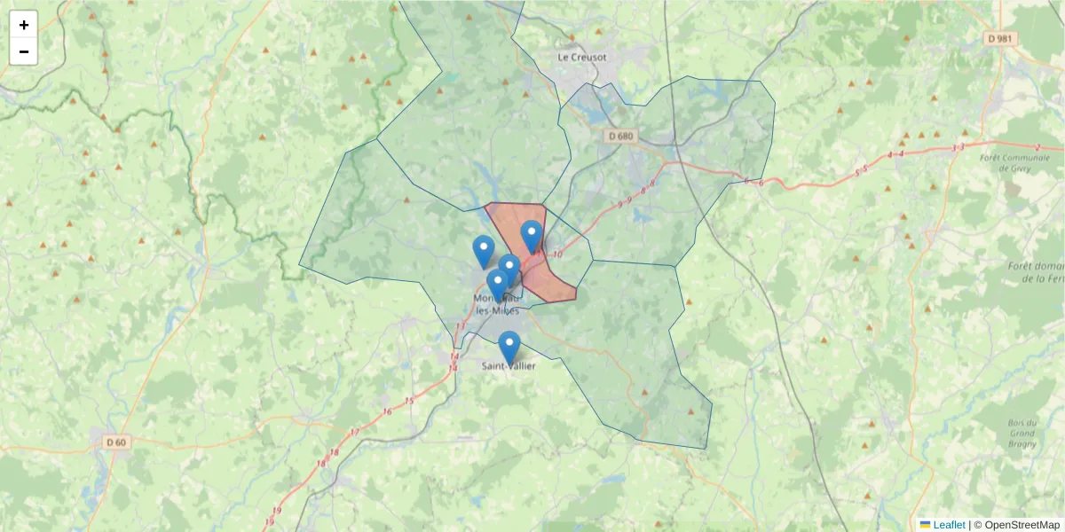 Carte de la zone du code postal  et des codes postaux voisins en France
