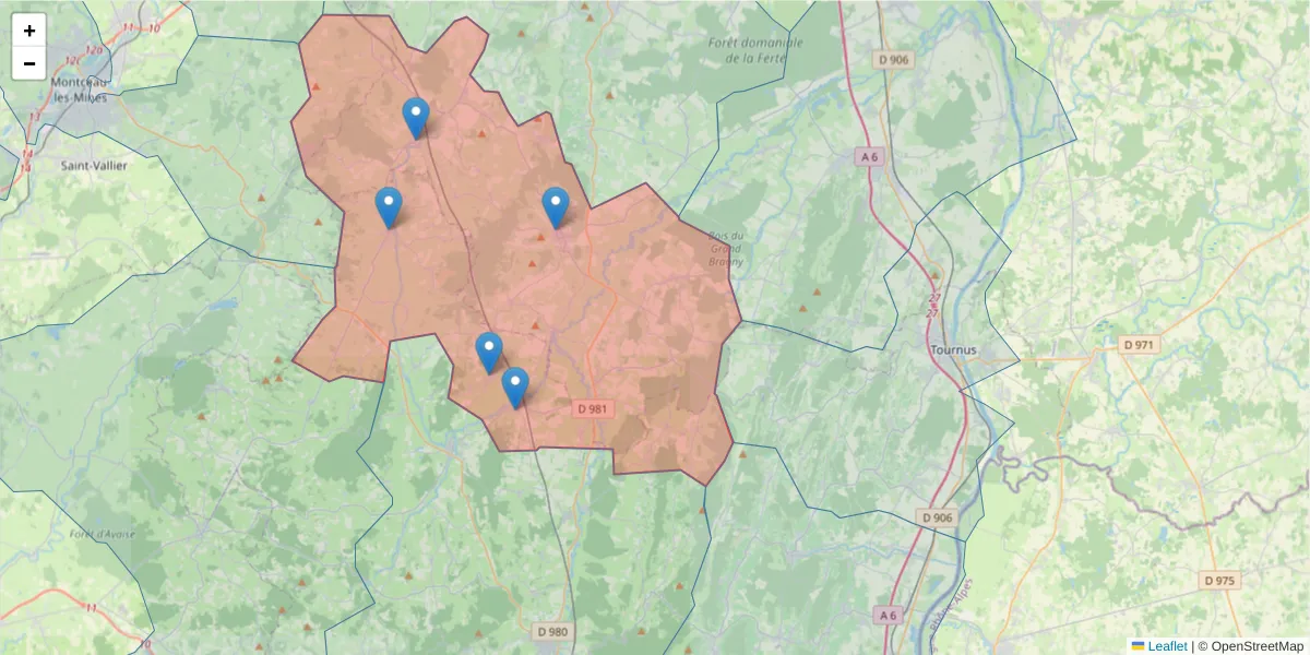 Carte de la zone du code postal  et des codes postaux voisins en France