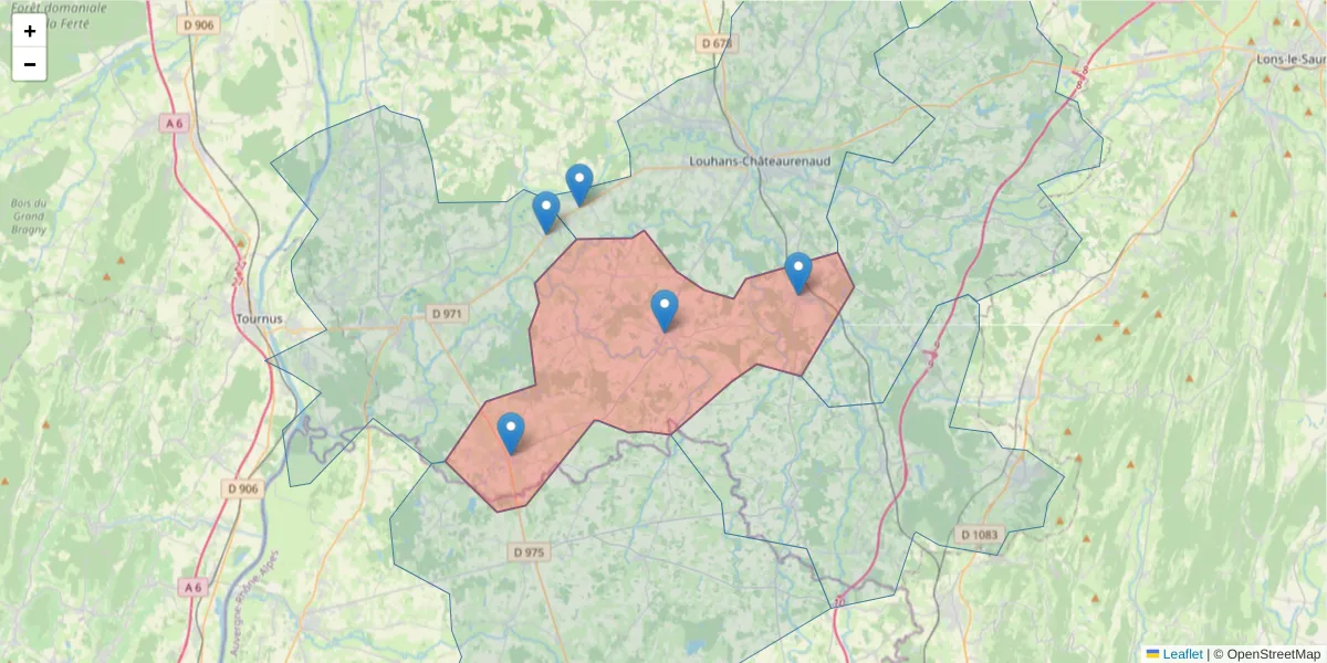 Carte de la zone du code postal  et des codes postaux voisins en France