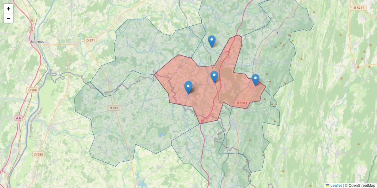 Carte de la zone du code postal  et des codes postaux voisins en France