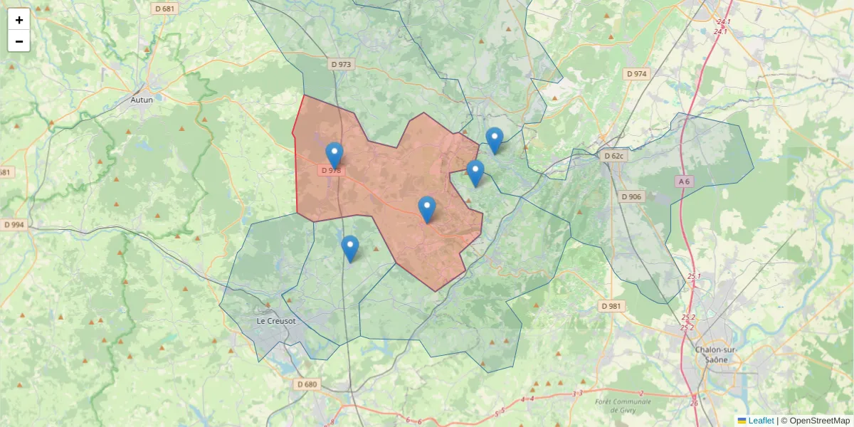Carte de la zone du code postal  et des codes postaux voisins en France