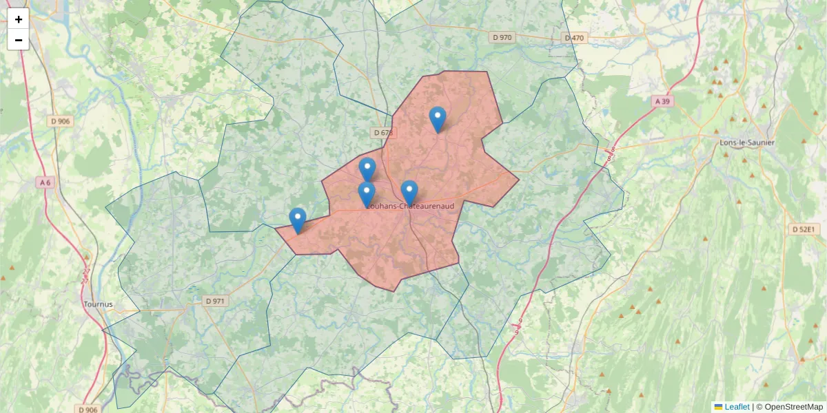 Carte de la zone du code postal  et des codes postaux voisins en France