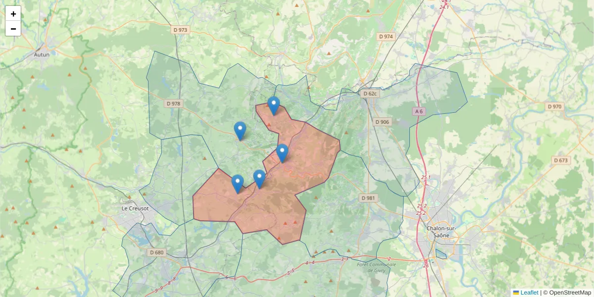 Carte de la zone du code postal  et des codes postaux voisins en France