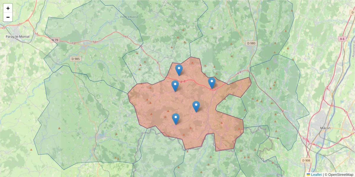 Carte de la zone du code postal  et des codes postaux voisins en France