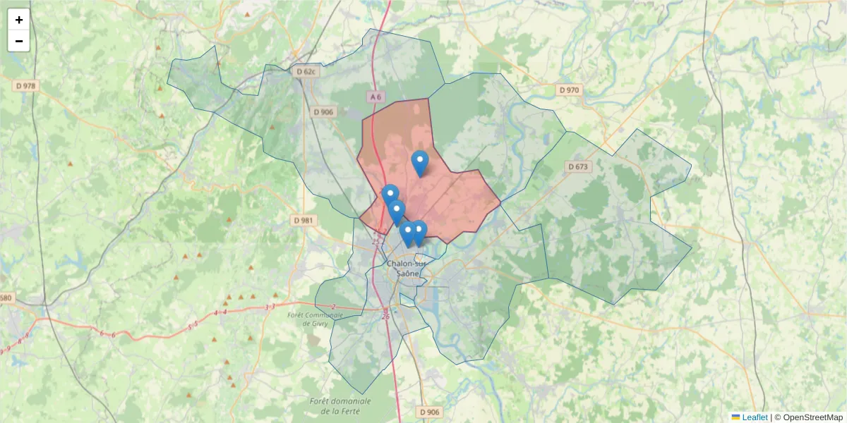 Carte de la zone du code postal  et des codes postaux voisins en France