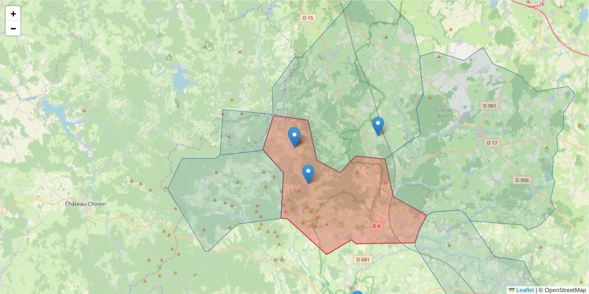 Carte de la zone du code postal  et des codes postaux voisins en France