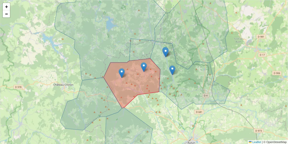 Carte de la zone du code postal  et des codes postaux voisins en France