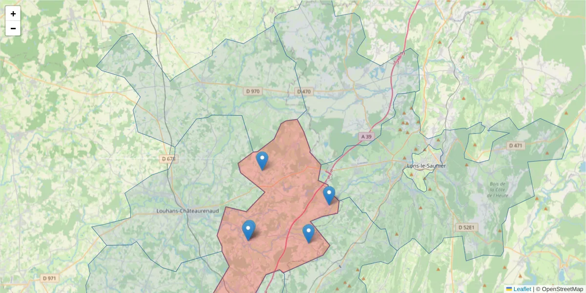 Carte de la zone du code postal  et des codes postaux voisins en France