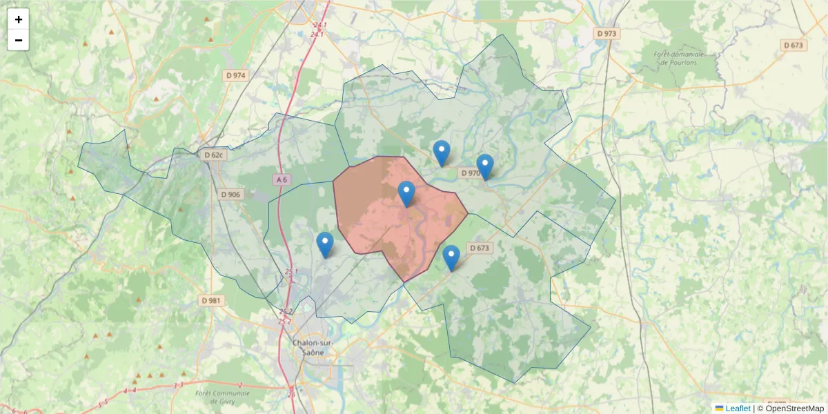 Carte de la zone du code postal  et des codes postaux voisins en France