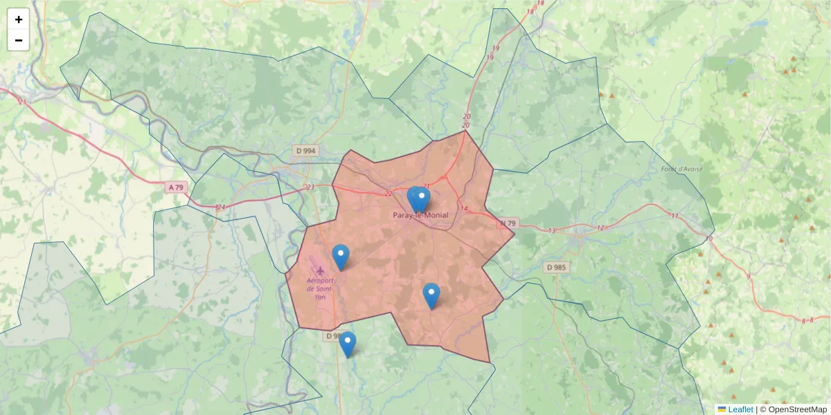 Carte de la zone du code postal  et des codes postaux voisins en France