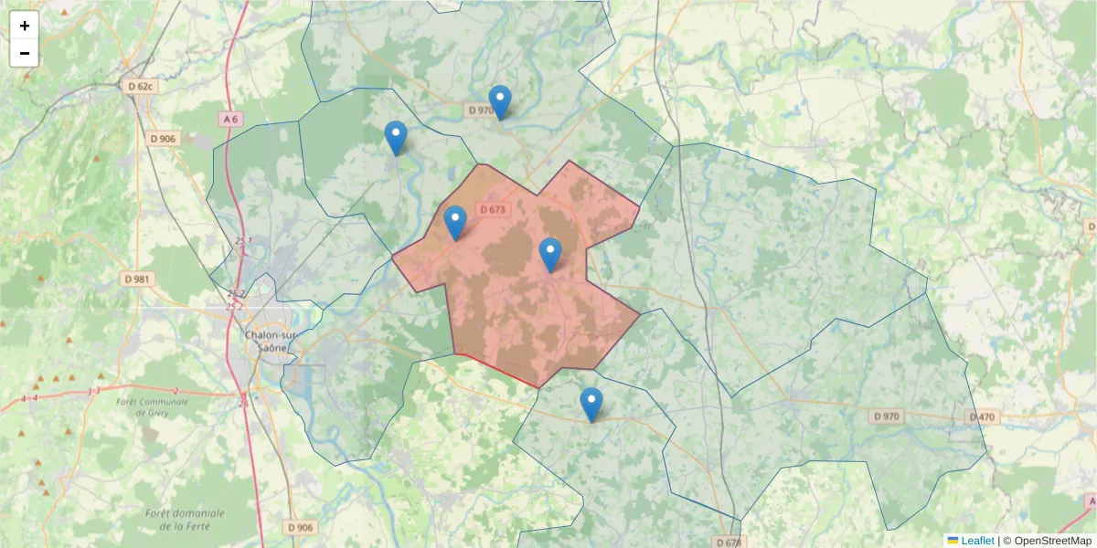 Carte de la zone du code postal  et des codes postaux voisins en France