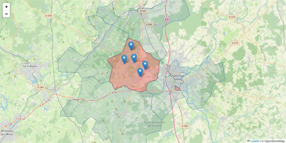 Carte de la zone du code postal  et des codes postaux voisins en France