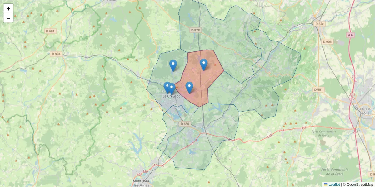 Carte de la zone du code postal  et des codes postaux voisins en France
