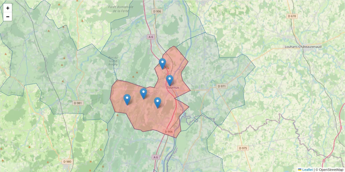 Carte de la zone du code postal  et des codes postaux voisins en France