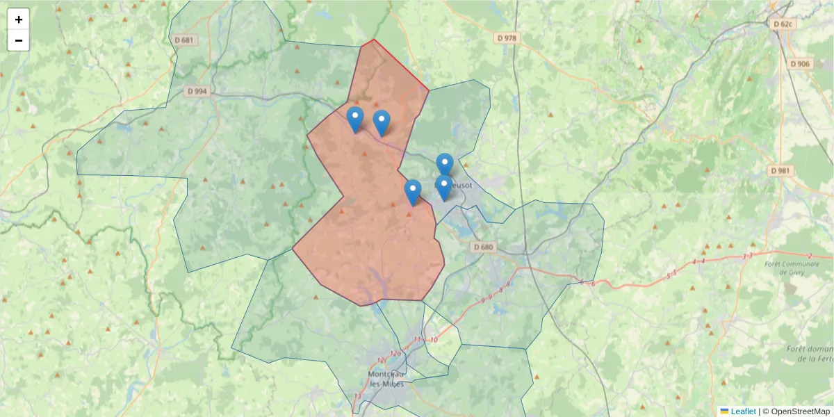 Carte de la zone du code postal  et des codes postaux voisins en France