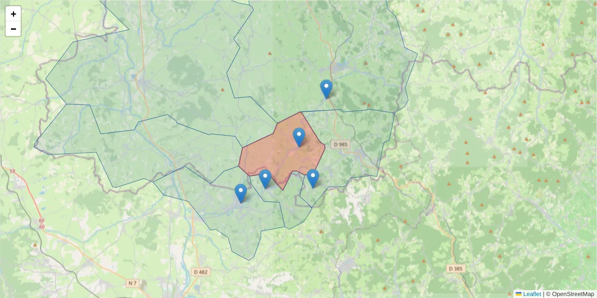 Carte de la zone du code postal  et des codes postaux voisins en France