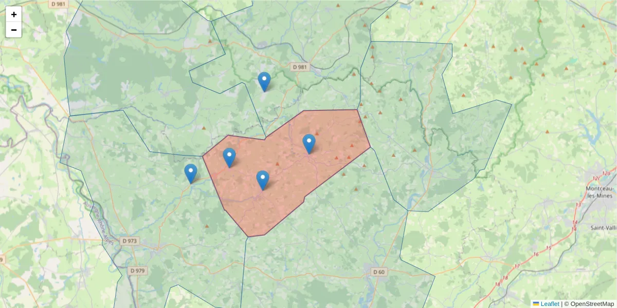 Carte de la zone du code postal  et des codes postaux voisins en France