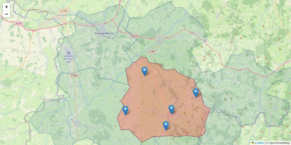 Carte de la zone du code postal  et des codes postaux voisins en France