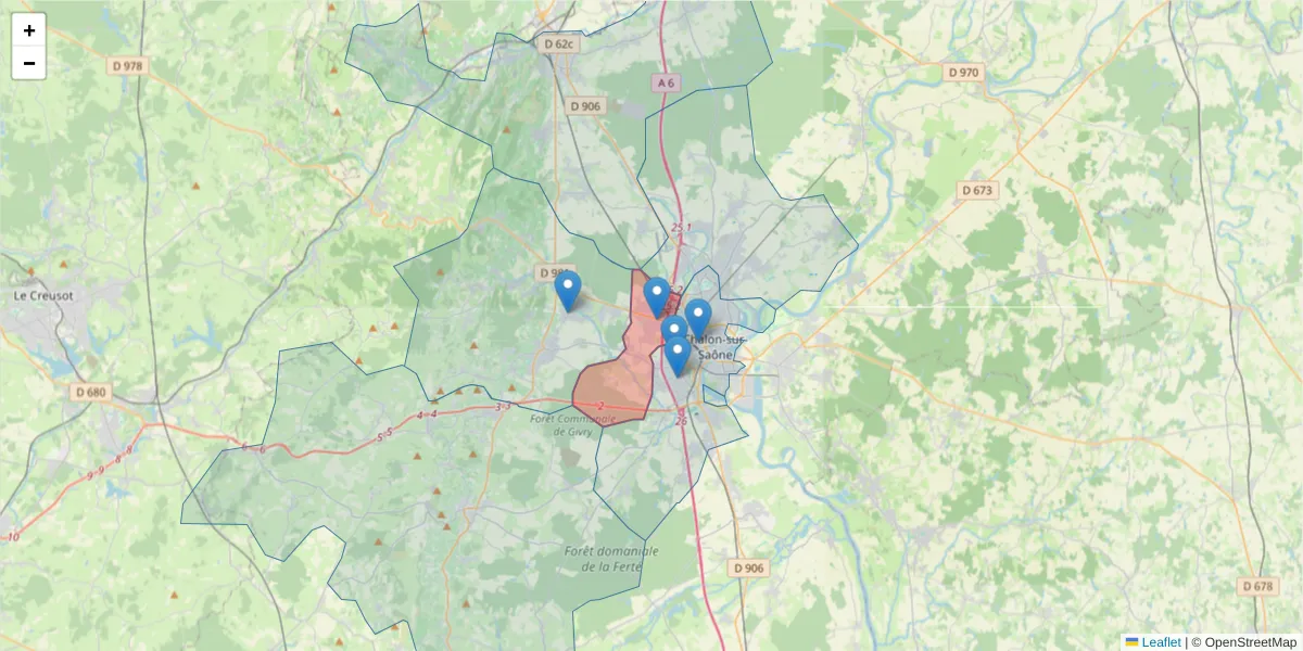 Carte de la zone du code postal  et des codes postaux voisins en France