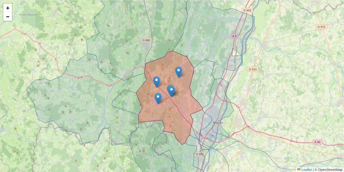 Carte de la zone du code postal  et des codes postaux voisins en France