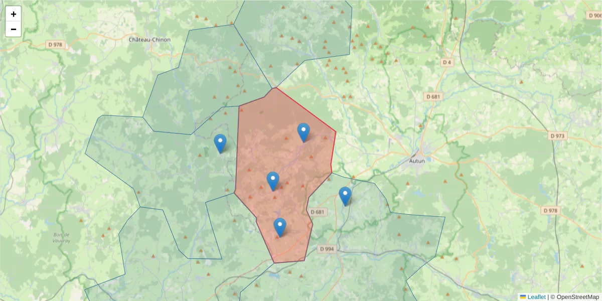 Carte de la zone du code postal  et des codes postaux voisins en France