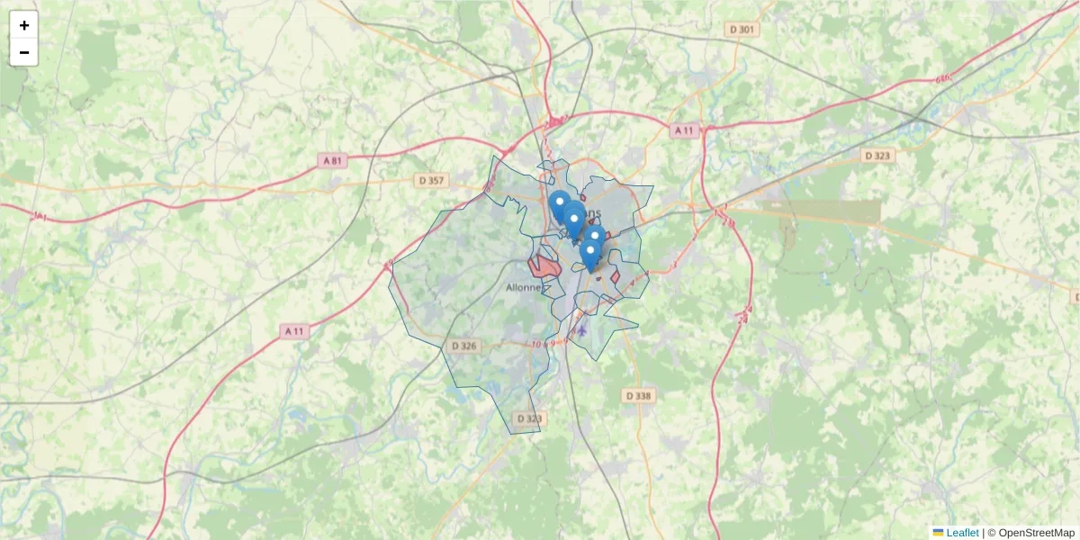 Carte de la zone du code postal  et des codes postaux voisins en France