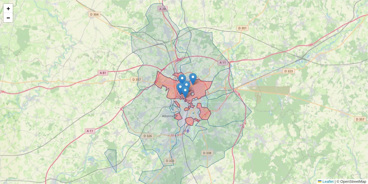Carte de la zone du code postal  et des codes postaux voisins en France