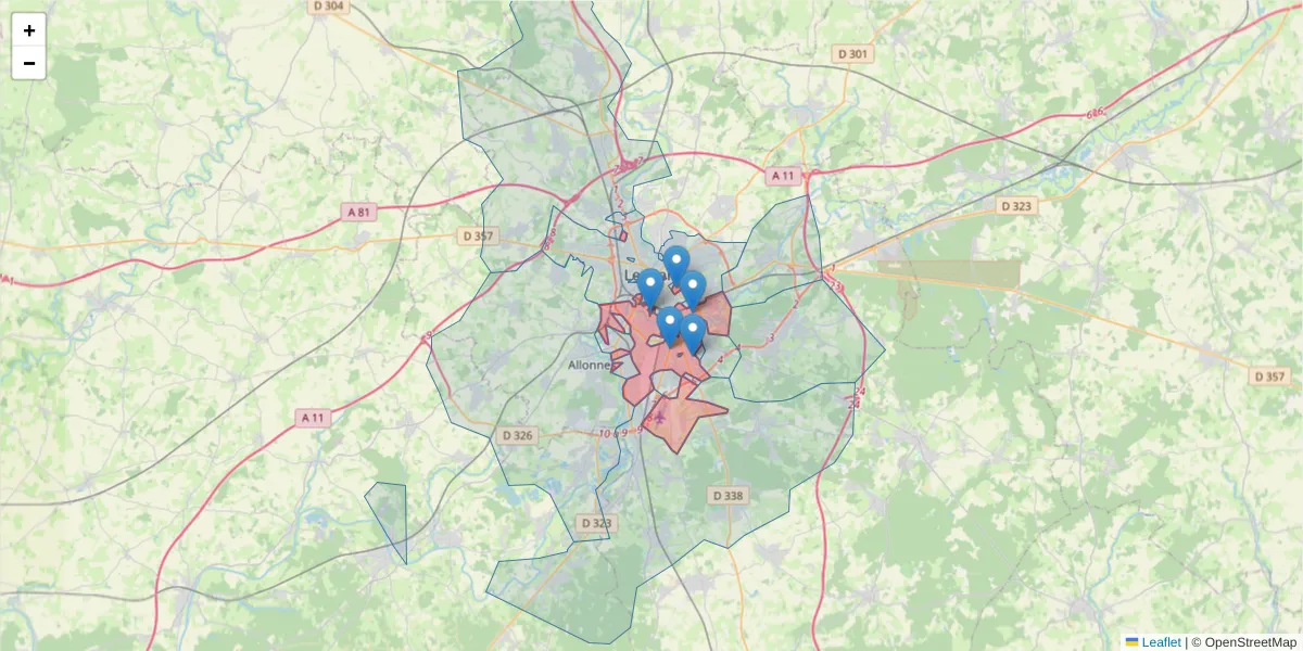 Carte de la zone du code postal  et des codes postaux voisins en France