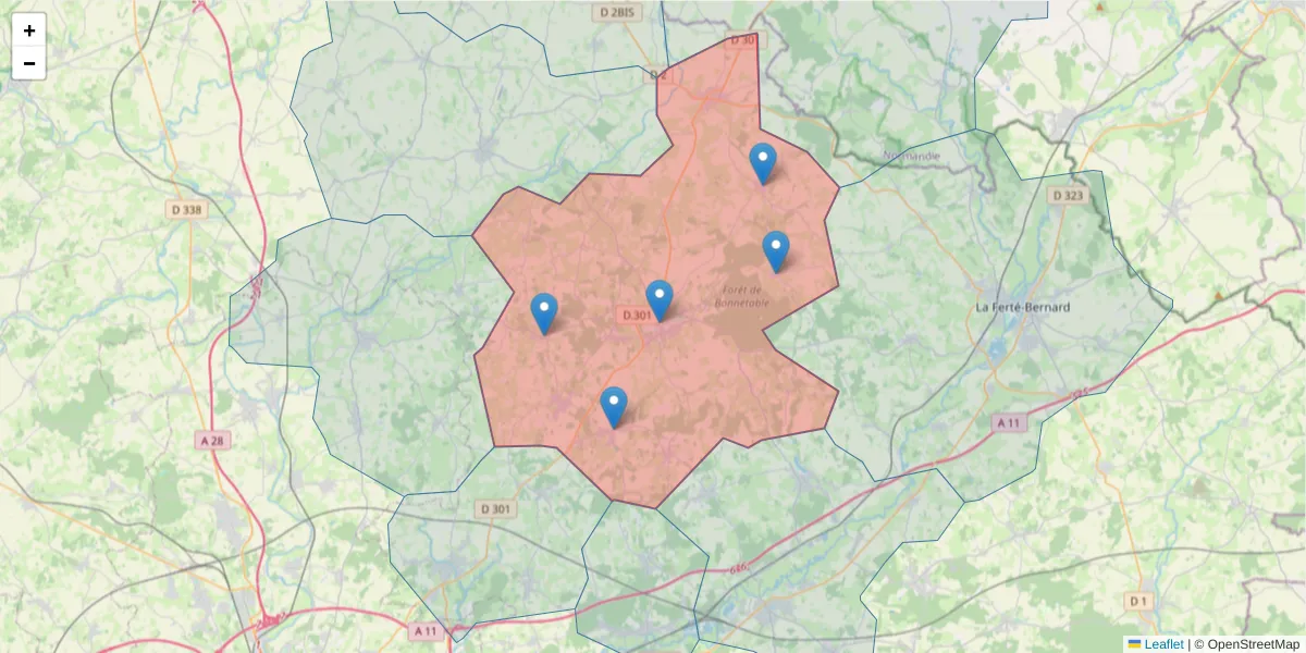 Carte de la zone du code postal  et des codes postaux voisins en France