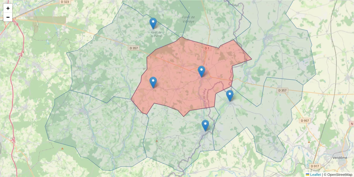 Carte de la zone du code postal  et des codes postaux voisins en France