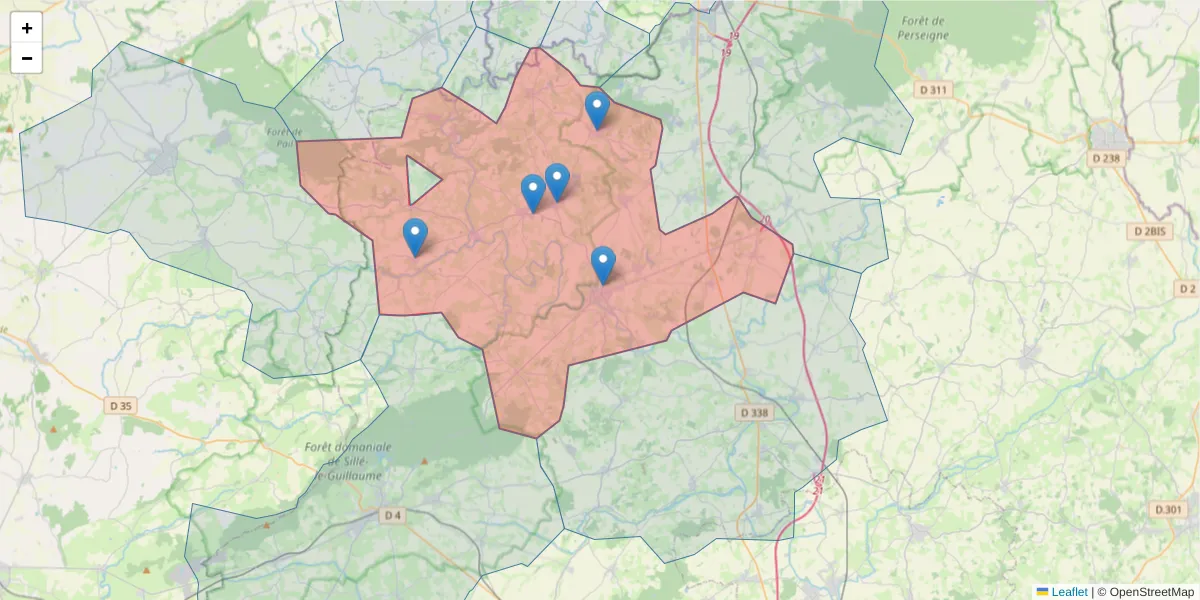 Carte de la zone du code postal  et des codes postaux voisins en France