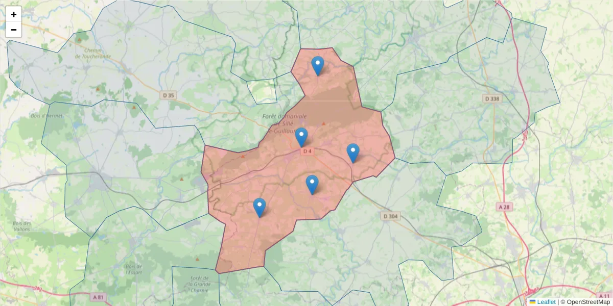 Carte de la zone du code postal  et des codes postaux voisins en France